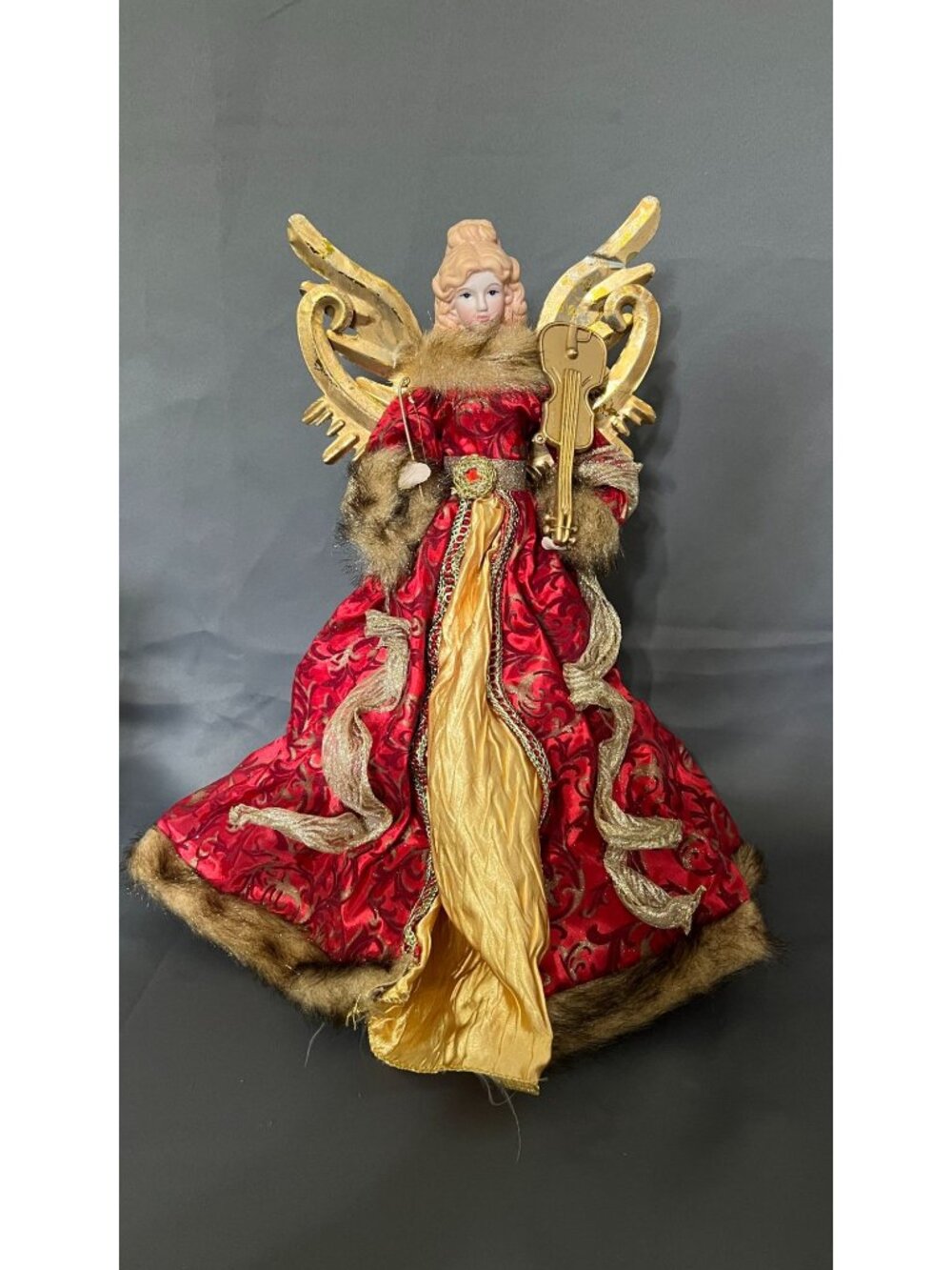 Christmas Angel Tree Topper With Red & Gold Gown Fur Trim And Golden Wings